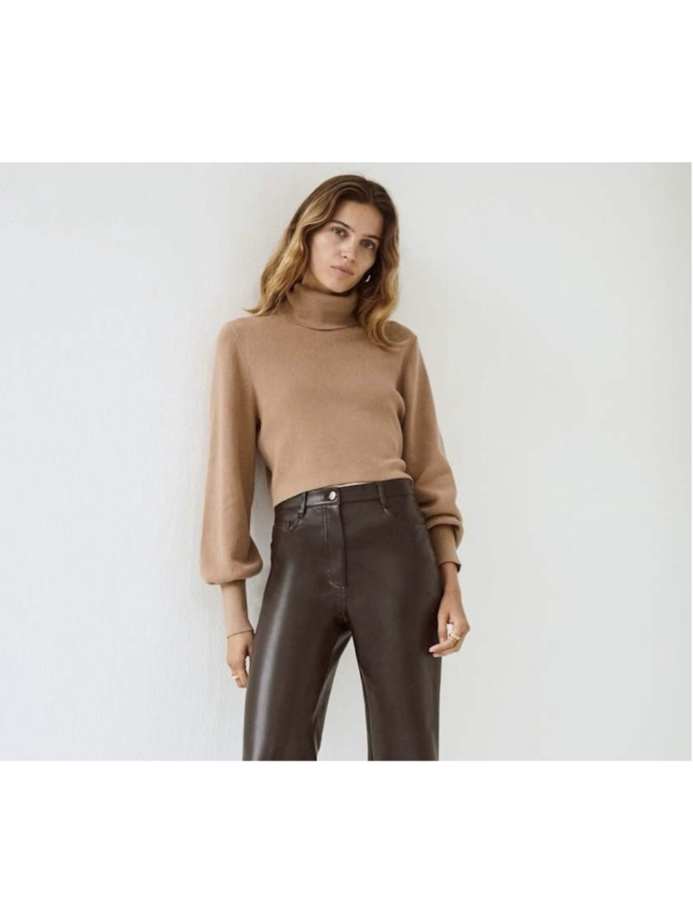 Aritzia Wilfred Rebecca Turtleneck Sweater Camel Tan Merino Wool Cropped Size S - Picture 2 of 14